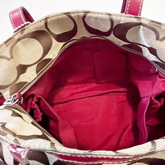 Coach Khaki Signature Cherry Red Tote Bag Handbag Weekender F17443 Patent Large - Picture 5 of 16